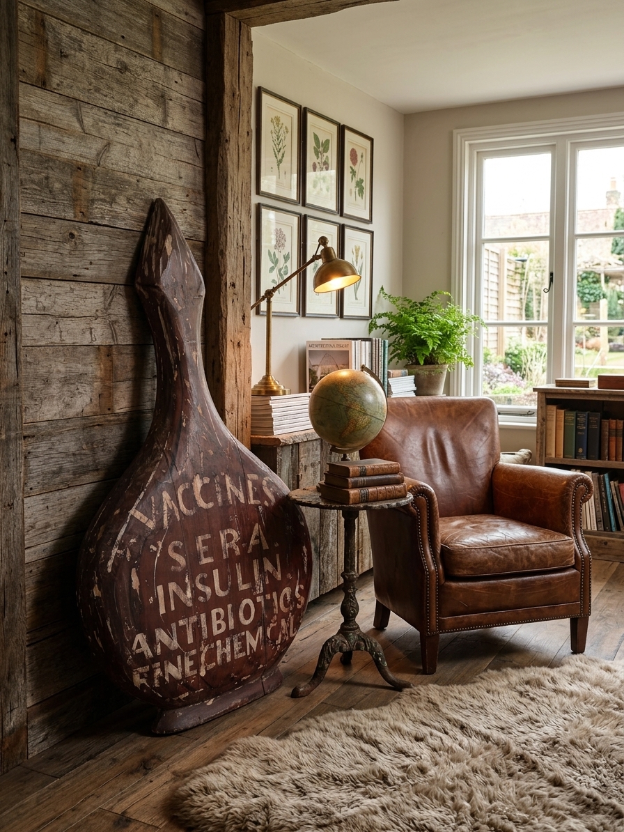 Wooden Folk Art Vacine Sign in Reclaimed Study Corner