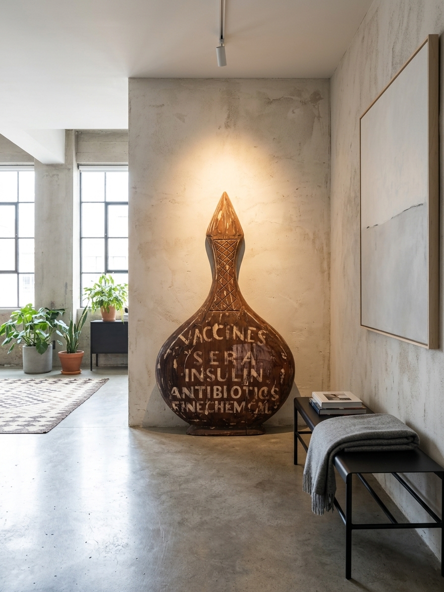 Wooden Folk Art Vacine Sign in Urban Sanctuary Entry