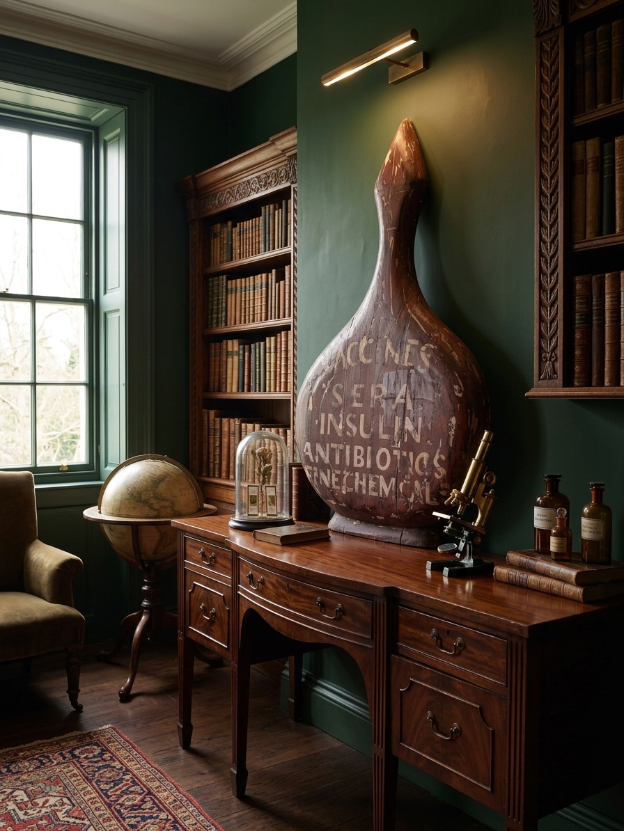 Wooden Folk Art Vacine Sign in Dark Academia Display