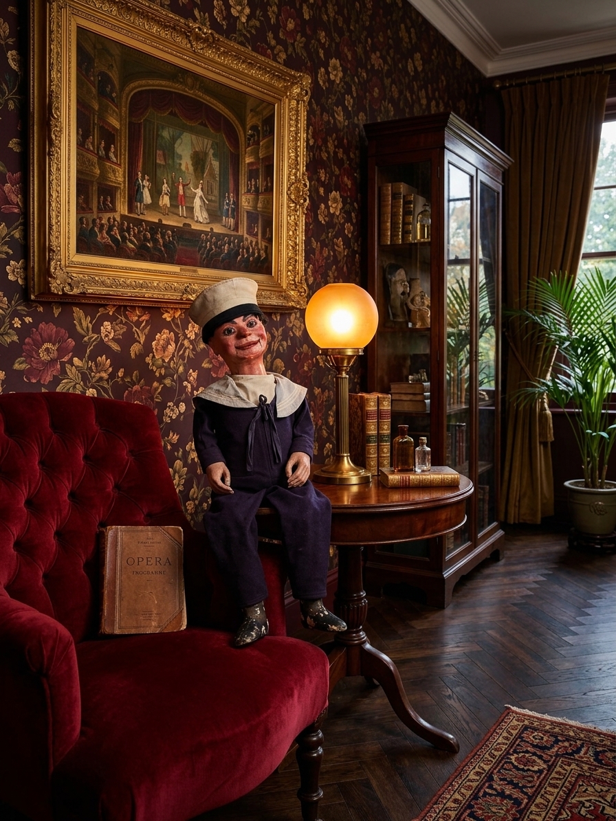 Arthur Quisto Ventriloquist Doll (Exceptionally Rare) in Velvet Theatrical Salon