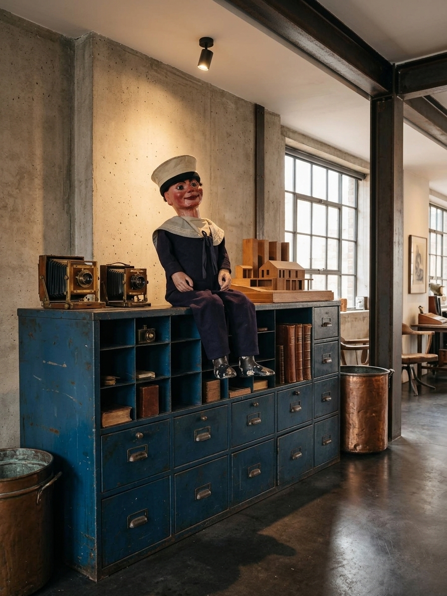 Arthur Quisto Ventriloquist Doll (Exceptionally Rare) in Industrial Loft Cabinet